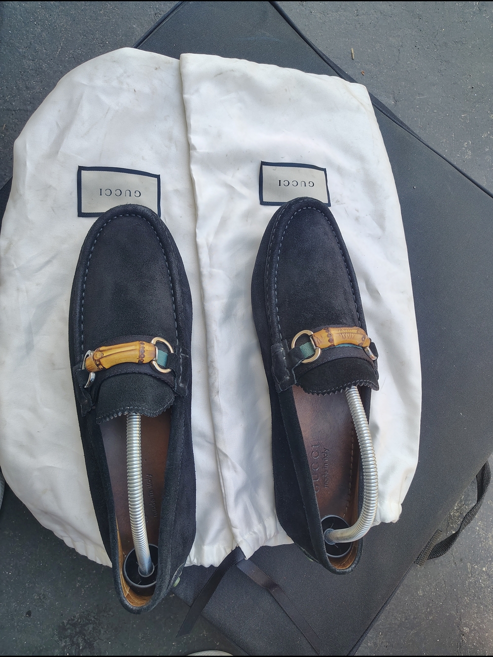 Gucci Black Suede Loafers with Gold & Tan Horsebit